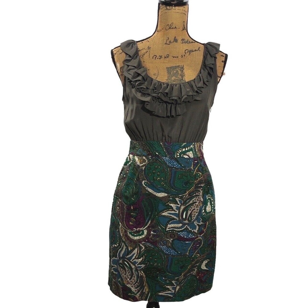 Maeve Dress‎ 4 Gray Silk Multicolor Twill Ruffle Seaside Fields Anthropologie LN
